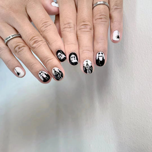 Spooky Elegance Short Oval Black and White Ghost Themed Press On Nail Set