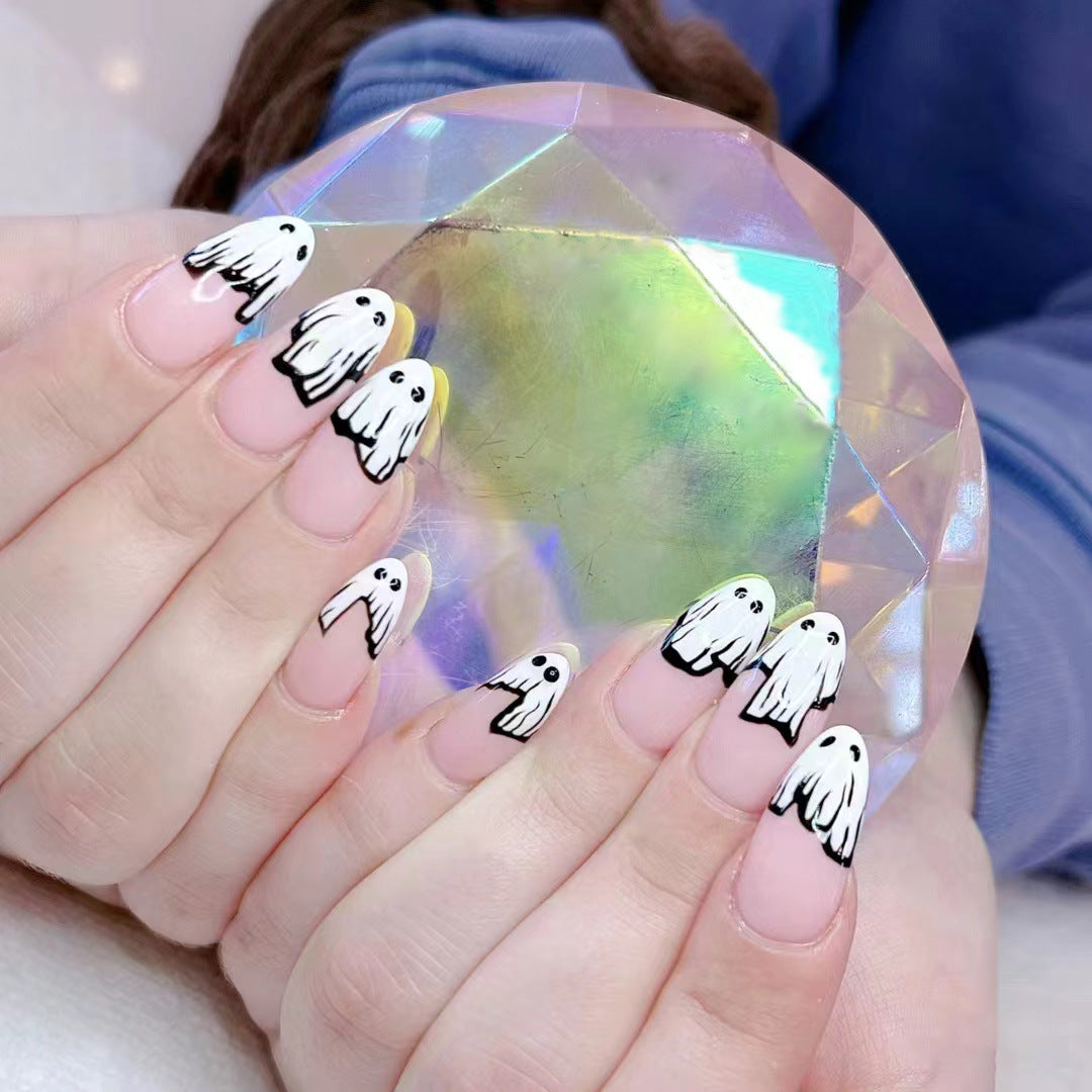 Spooky Ghost Theme Long Almond Shaped Clear and White Press On Nail Set with Unique Ghost Design