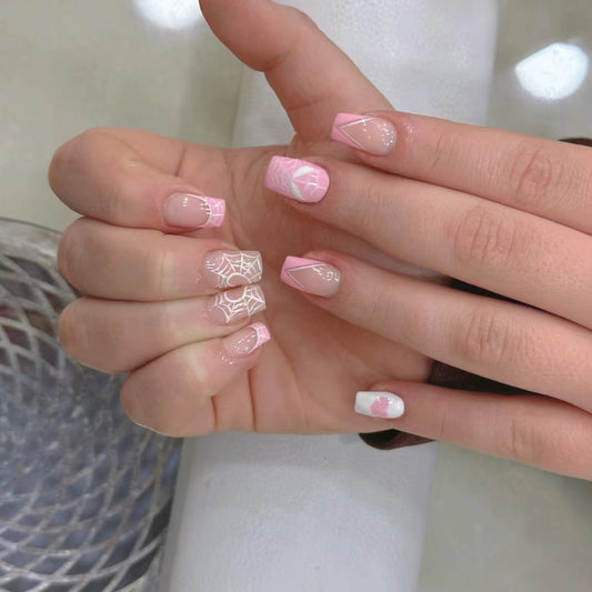 Spooky Elegance Long Coffin Press On Nail Set Pink with Unique Spiderweb Design