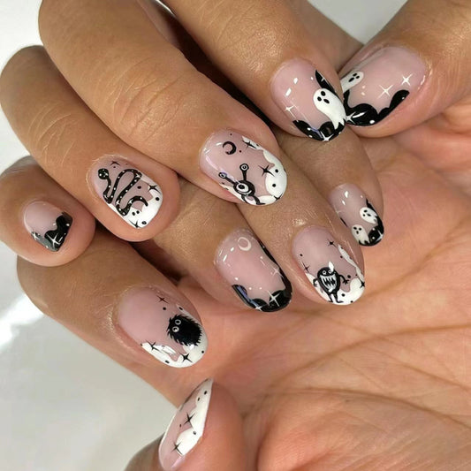 Spooky Vibes Short Oval Black and White Ghost Theme Press On Nail Set
