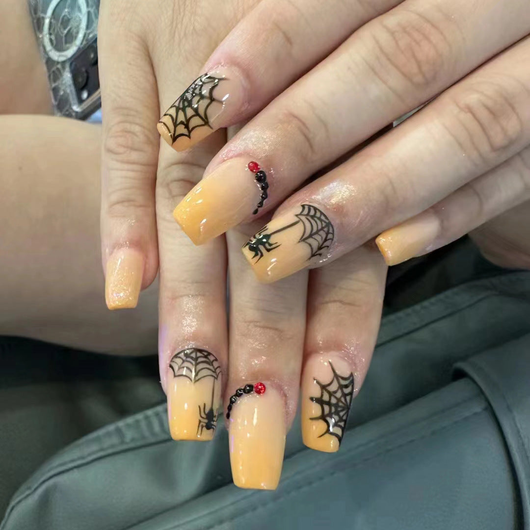 Spooky Spiderweb Extra Long Coffin Yellow Press On Nail Set with Glitter and 3D Accent Gems