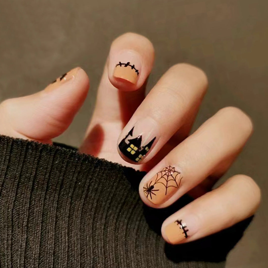Haunted Halloween Short Square Matte Orange and Black Press On Nail Set with Spooky Designs