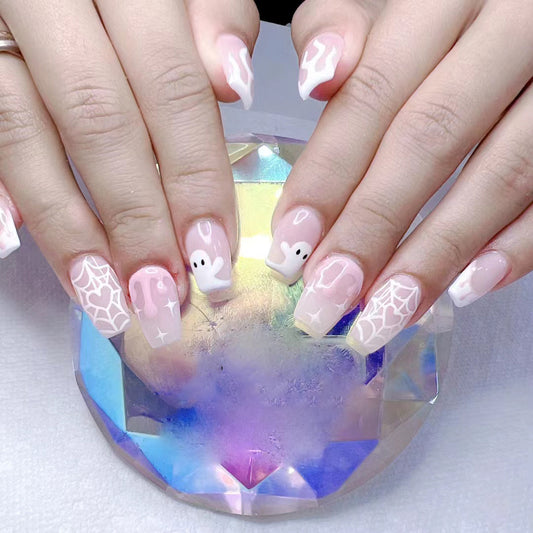 Spooktacular Press On Nail Set Long Coffin Light Pink with Ghost and Spiderweb Design