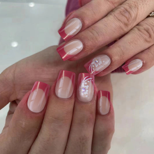 Blossom Serenade Square Press On Nail Set Long Pink and Beige with Floral Design