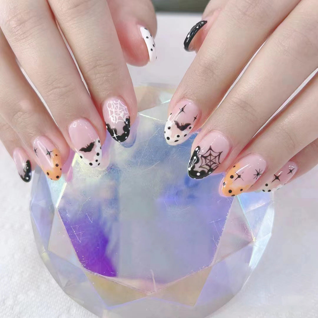 Spooky Halloween Long Almond Orange Black and White Press On Nail Set with Unique Bat and Spider Design
