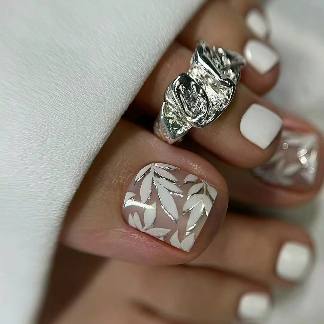 Botanical Bliss Short Square White Press On Nail Set with Elegant Leaf Design