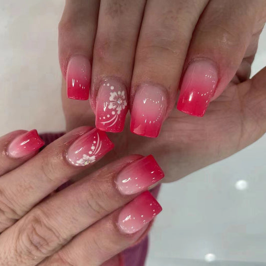 Cherry Blossom Dream Long Square Pink Ombre Press On Nail Set with Floral Design