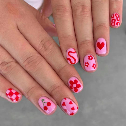 Charming Lovebird Design Short Square Pink and Red Press On Nail Set with Fun Patterns and Floral Accents