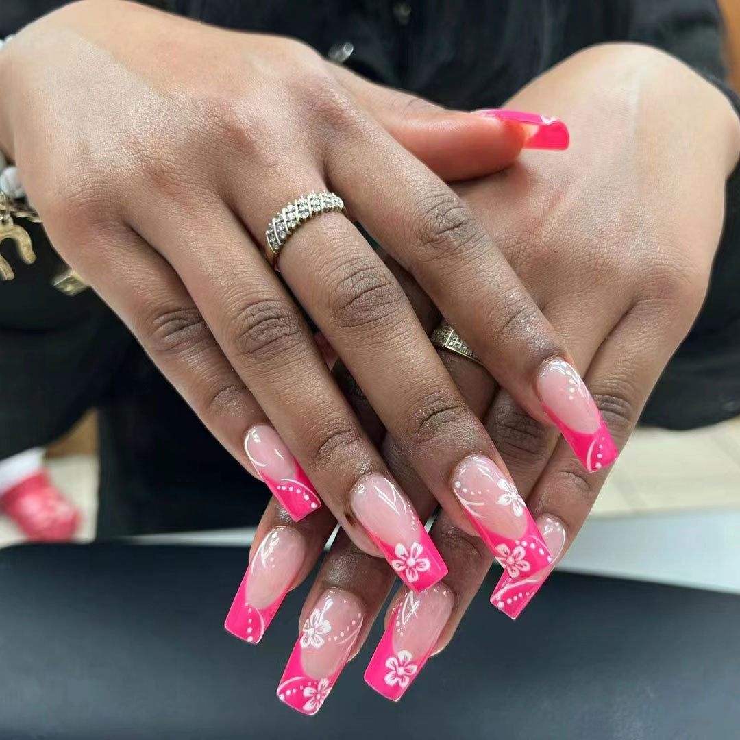 Tropical Paradise Long Square Pink Floral Press On Nail Set