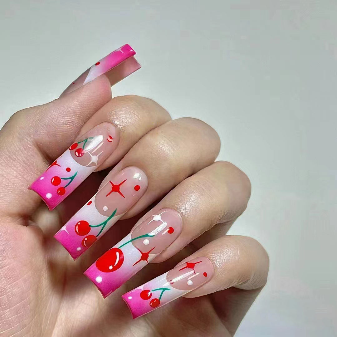 Cherry Blossom Delight Extra Long Square Ombre Pink Press On Nail Set with Floral Design