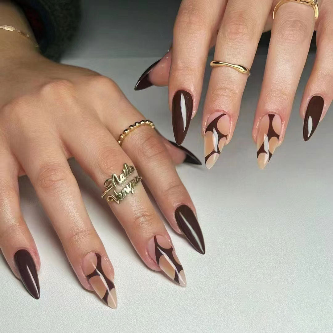 Chocolate Dream Stiletto Press On Nail Set Long Shape Brown and Beige Artistic Design