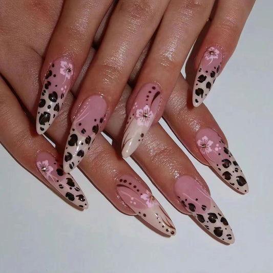 Wildflower Dream Long Stiletto Pink and Cream Press On Nail Set with Floral and Leopard Print Design