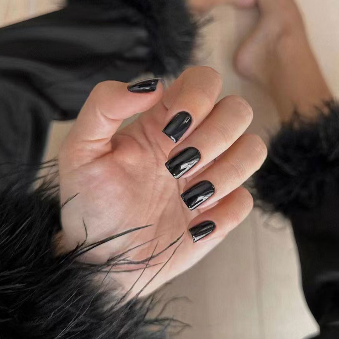 Gothic Glam Long Square Black Press On Nail Set with Glossy Finish and Unique Texture