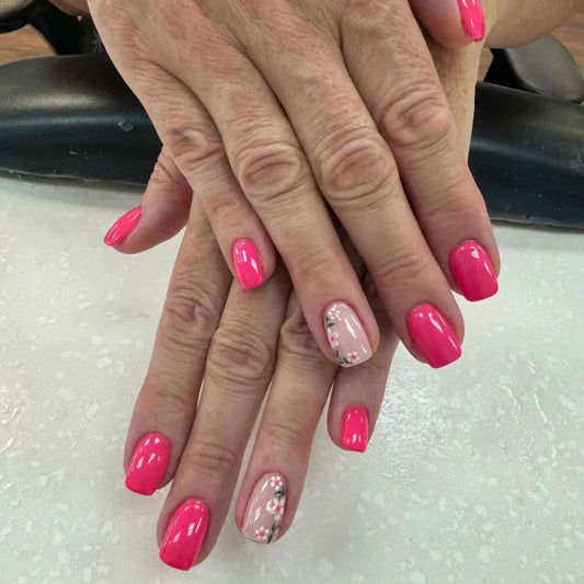 Floral Fantasy Short Square Pink and Beige Press On Nail Set with Chic Flower Accents