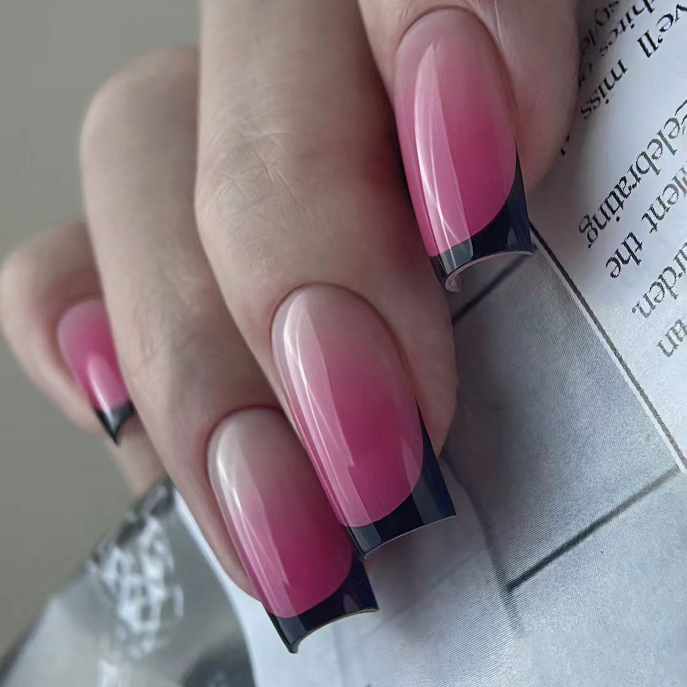 Glamorous Sunset Dream Long Square Ombre Pink Press On Nail Set with Edgy Black Tips