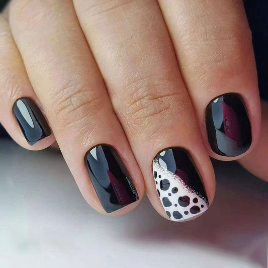 Glamorous Night Out Short Square Black and White Dalmatian Print Press On Nail Set