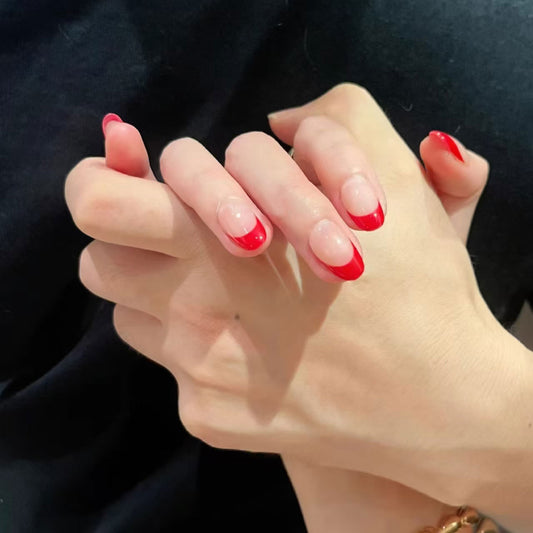 Elegant Romance Medium Oval Red French Tip Press On Nail Set with Glossy Finish