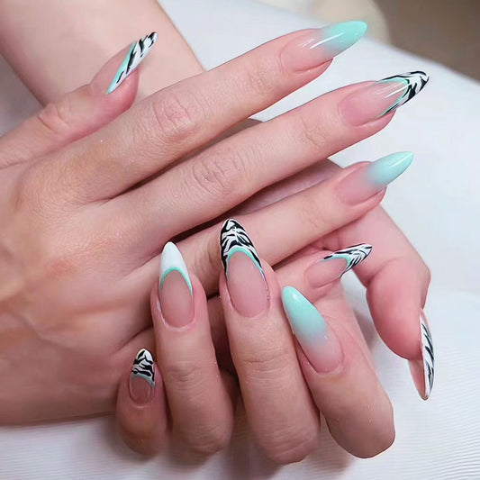 Tropical Dream Long Almond Shape Mint Green and Black Zebra Print Press On Nail Set