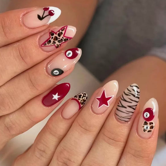 Chic Game Night Long Almond Red and Natural with Fun Star and Animal Print Accents Press On Nail Set