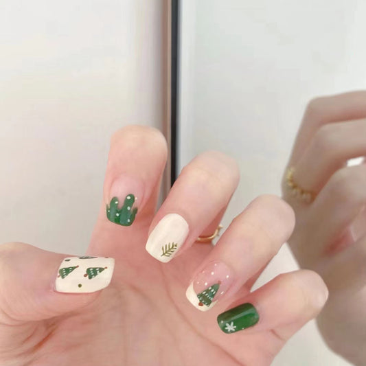 Festive Forest Inspired Short Square Green and Cream Press on Nail Set with Holiday Tree and Cactus Designs