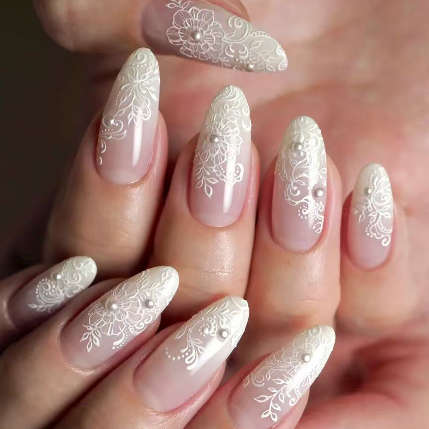 Elegant Floral Fantasy Long Almond White Lace Accent Press-On Nail Set