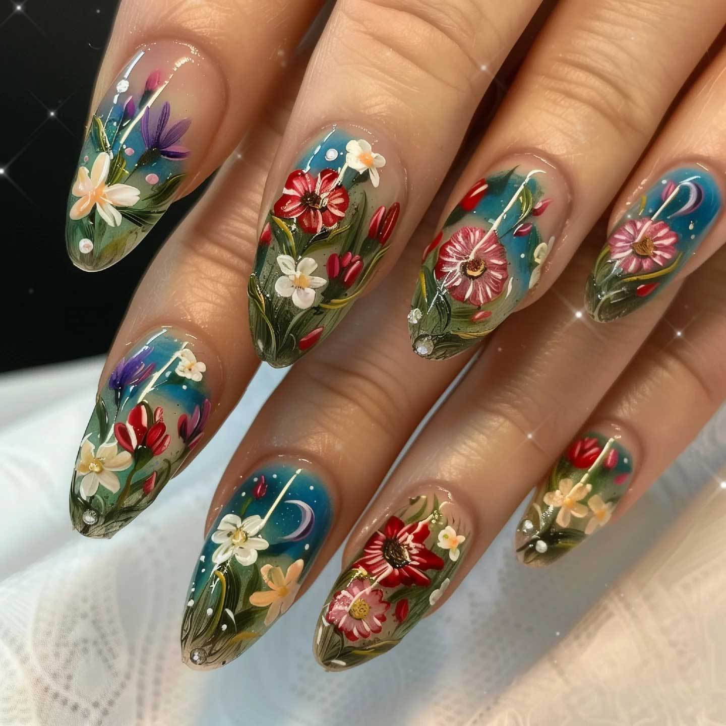 Blooming Garden Long Almond Shaped Multicolored Floral Press On Nail Set with Glittering Accent Details