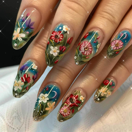 Blooming Garden Long Almond Shaped Multicolored Floral Press On Nail Set with Glittering Accent Details
