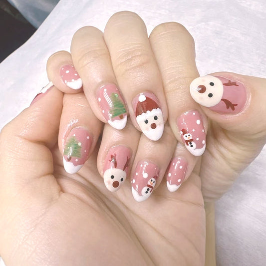 Winter Wonderland Medium Almond Pink Press On Nail Set with Festive Snowman and Tree Designs