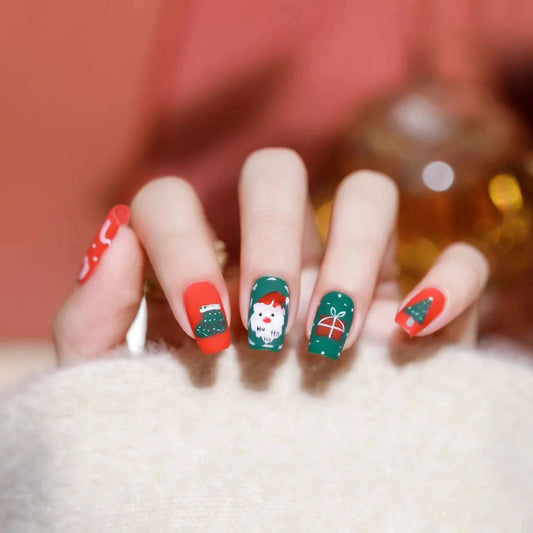 Festive Winter Wonderland Medium Square Red and Green Nail Set Featuring Whimsical Holiday Designs