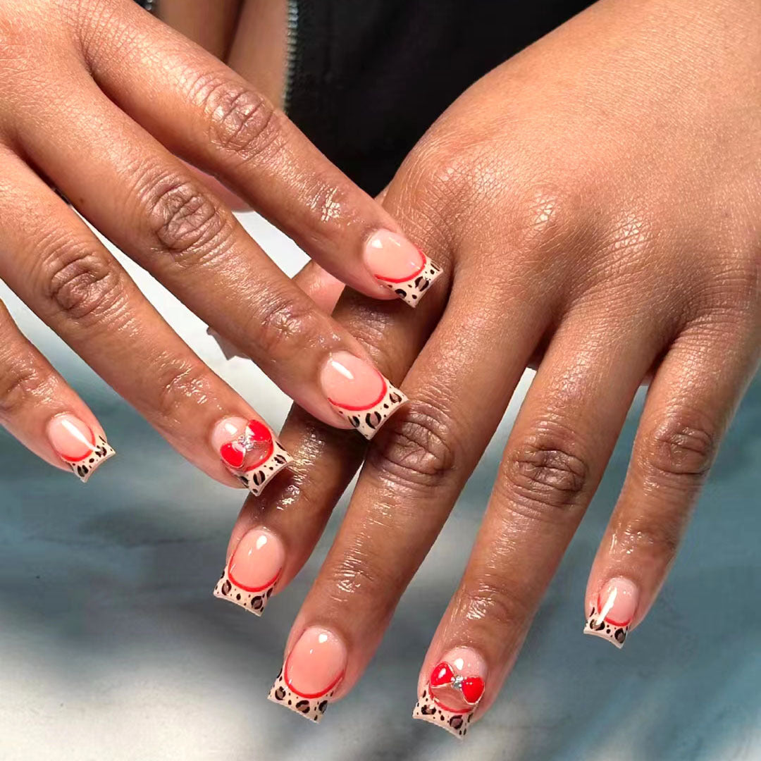 Charming Safari Inspired Short Square Pink and Animal Print Press On Nail Set with Heart Accents