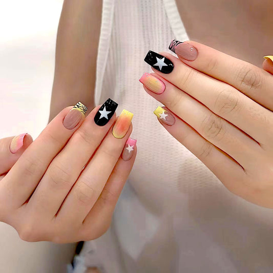Celestial Dreams Medium Square Multi-Color Gradient Nails with Star Accents