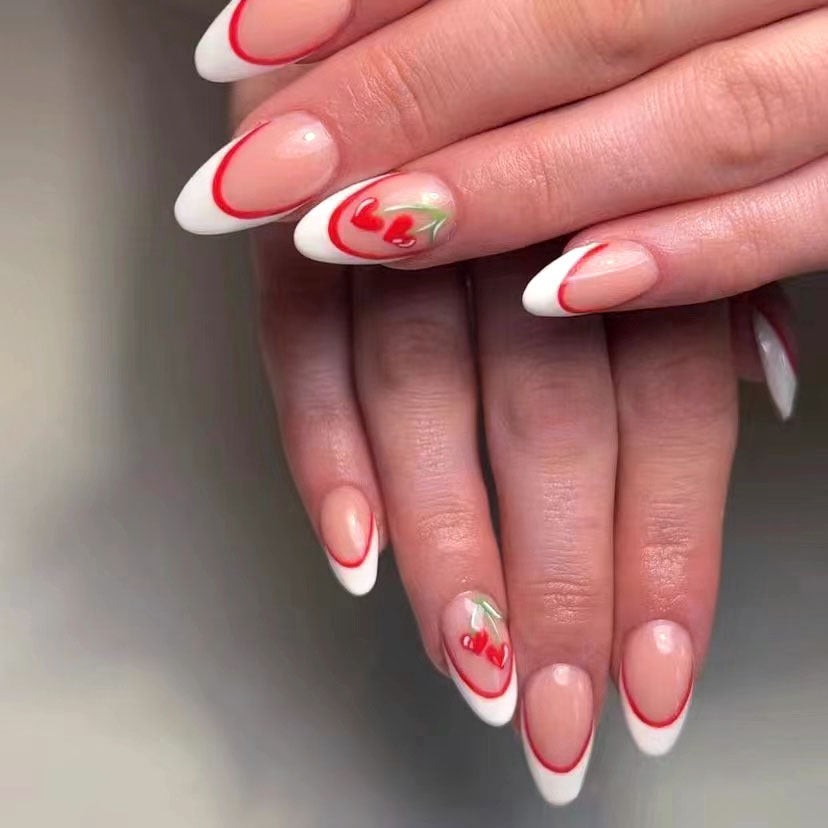 Cherry Blossom Dream Medium Almond White and Red French Tip Nails with Cherry Blossom Design
