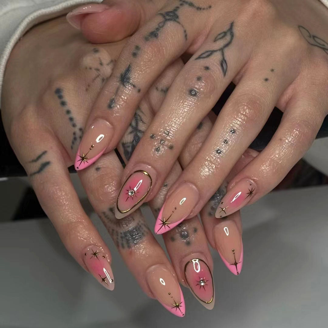 Celestial Romance Medium Almond Pink Ombre Press On Nail Set with Dazzling Star Accents