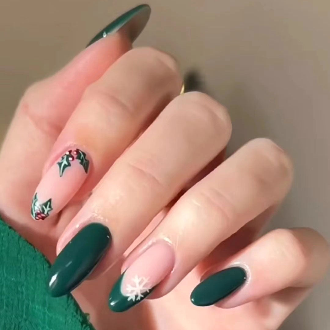 Winter Wonderland Green and Pink Long Oval Shaped Press On Nail Set with Holly and Snowflake Designs
