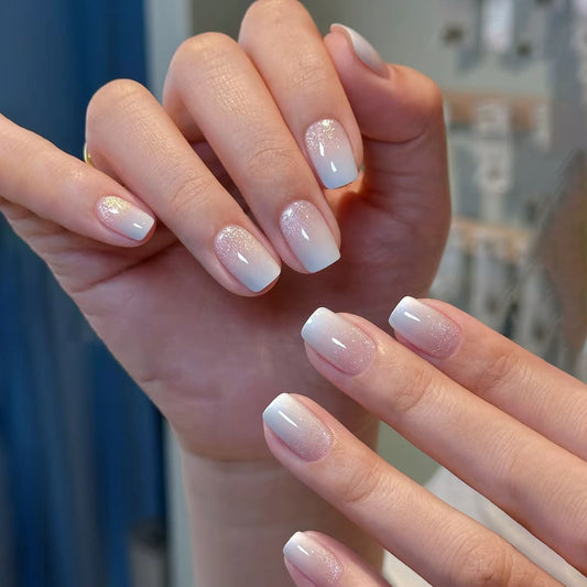 Elegant Winter Wonderland Short Square White Ombre Press On Nail Set with Shimmering Glitter Accent