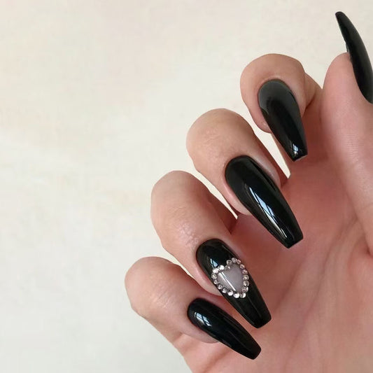 Gothic Elegance Long Coffin Glossy Black Press On Nail Set with Heart Shaped Rhinestone Accent