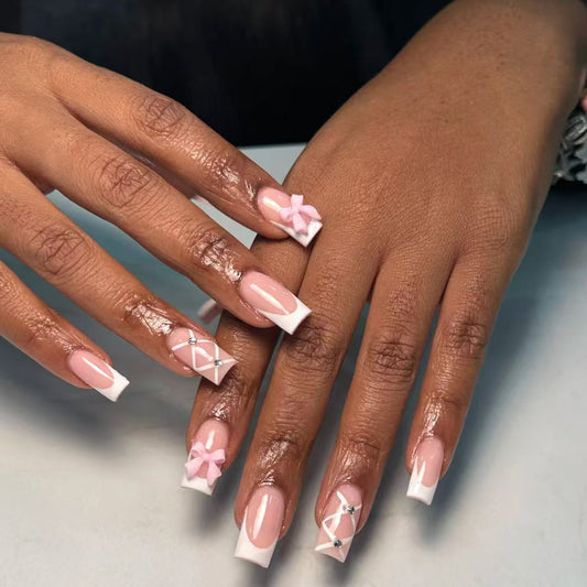 Charming Elegance Long Square Pink Ombre Design with Festive Bows and Dazzling Gems Nail Set