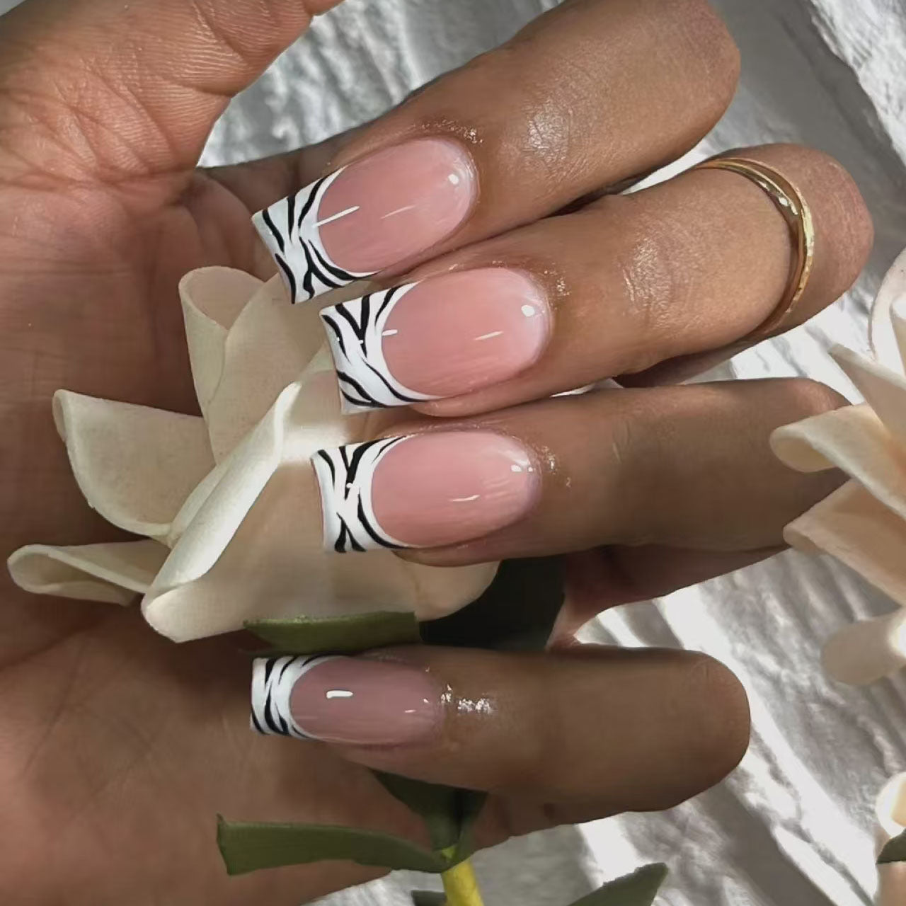Elegant Safari Inspired Medium Square Pink and White Zebra Print Press On Nail Set