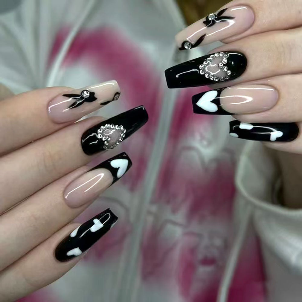 Chic Romance Press On Nail Set Long Coffin Black and Beige with Heart and Gemstone Accents