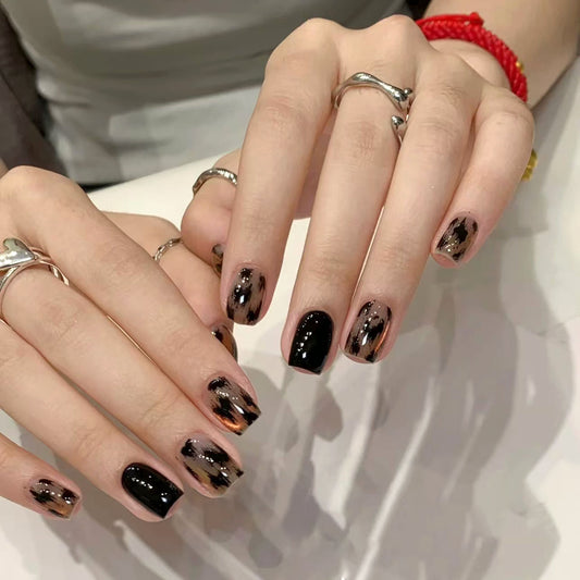 Mystical Midnight Elegance Short Square Ombre Black and Bronze Glow Press On Nail Set