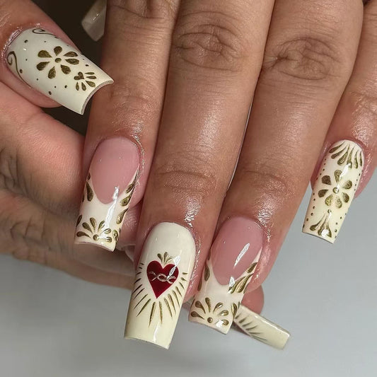 Romantic Floral Elegance Long Square Ivory and Gold Press-On Nail Set Featuring Heart Design