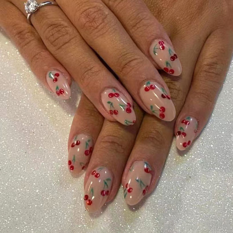 Cherry Blossom Delight Glossy Medium Oval Shaped Beige Press on Nails with Hand-Painted Cherry Blossom Design