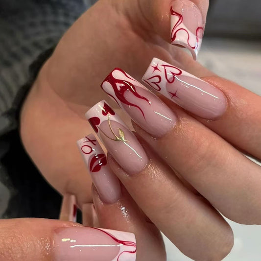 Romantic Elegance Long Square Red and White Press on Nail Set with Unique Heart and Flame Design