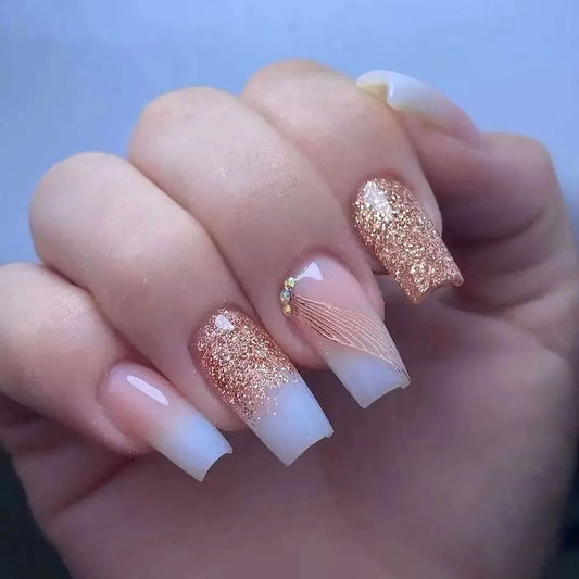 Glamorous Elegance Medium Square Ombre Pink and Rose Gold Glitter Press On Nail Set with Stunning Rhinestone Accent