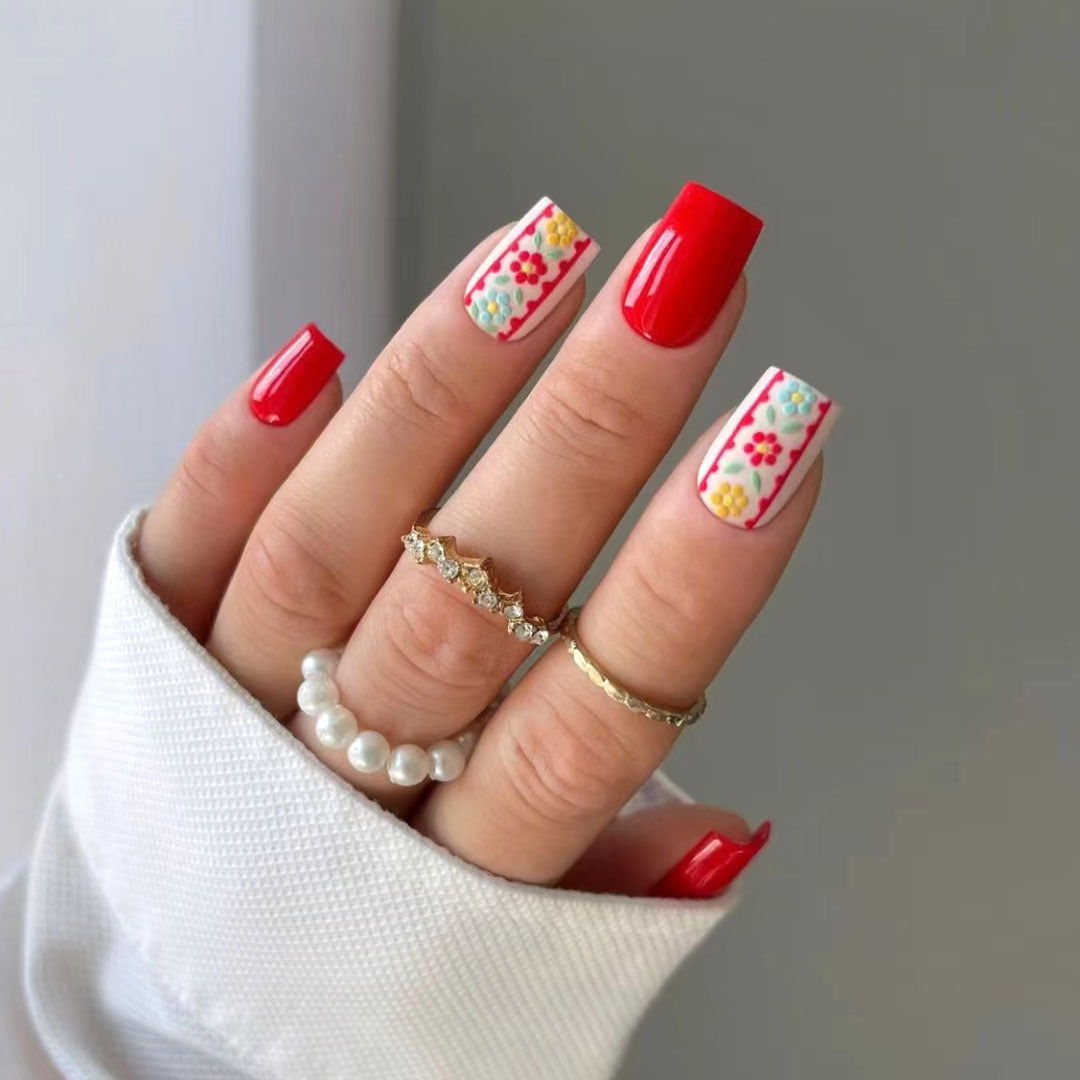 Floral Fiesta Square Medium Red Press On Nail Set with Charming Hand-Painted Design