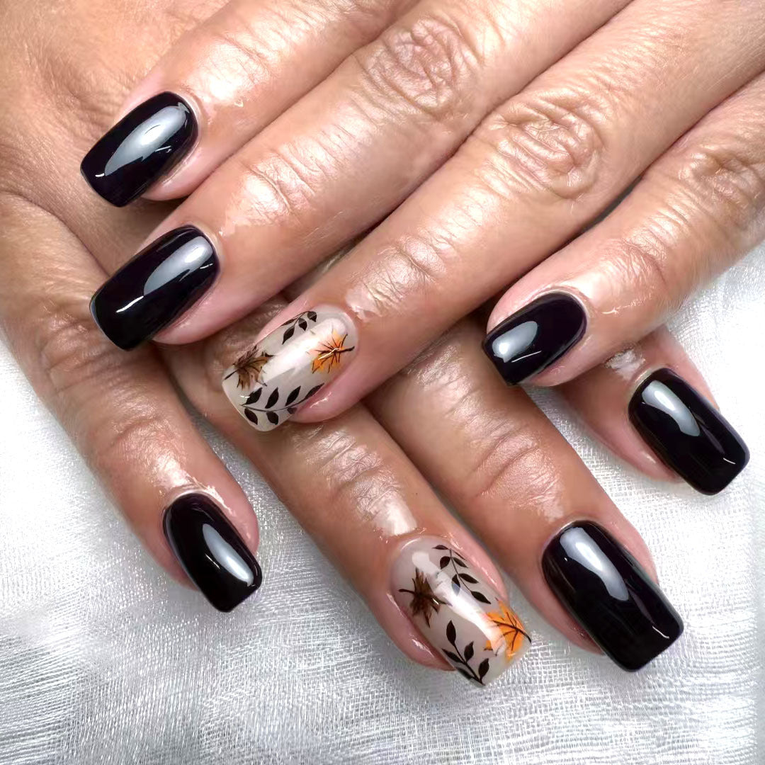 Autumn Elegance Medium Square Deep Purple Nails with Unique Leaf Design Accent