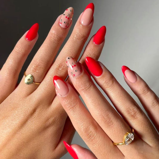 Cherry Blossom Fantasy Elegant Medium Almond Red Gradient Press On Nail Set with Floral Accents