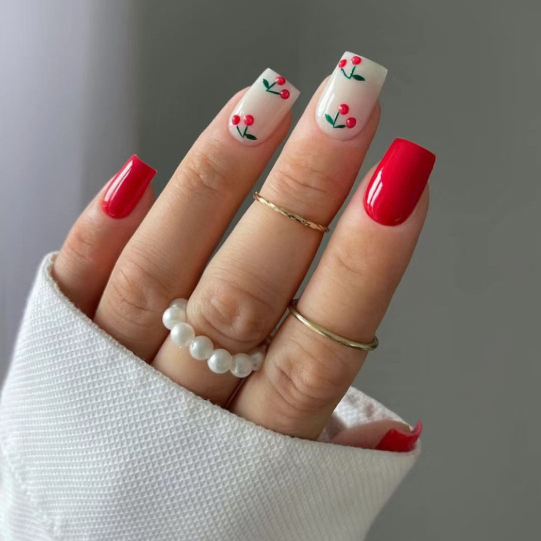 Cherry Blossom Bliss Medium Square Red and White Floral Press On Nails with Vibrant Artistry