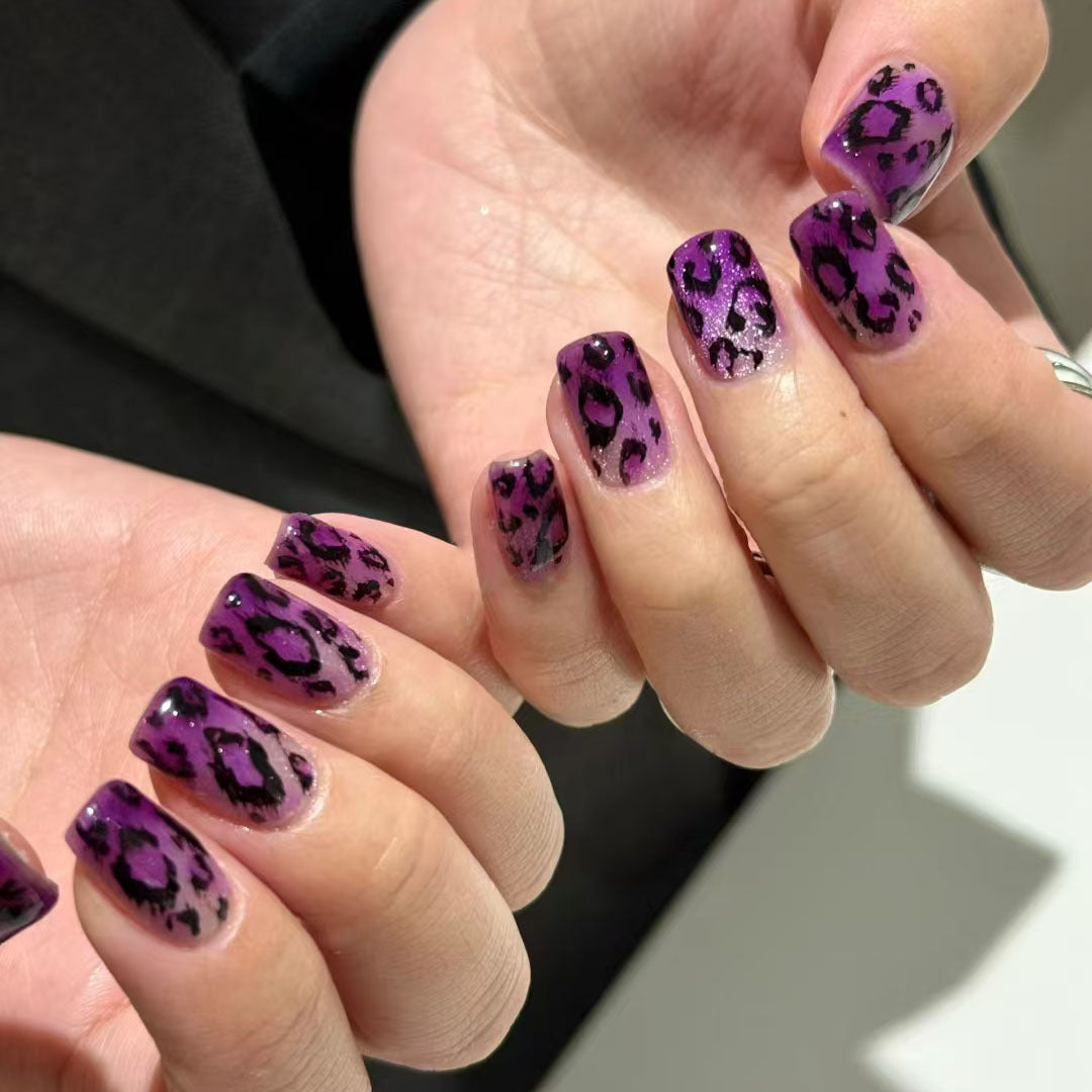 Fierce Leopard Glamour Short Square Purple Gradient Press On Nail Set with Glossy Finish