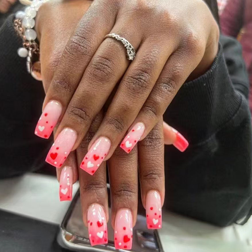Romantic Elegance Long Square Pink Ombre with Heart Design Press On Nail Set